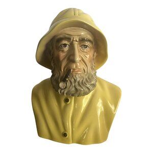 Vtg Ceramic Sea Captain Bust Figurine With Yellow Hat & Pipe 6x7 Tall, Portugal